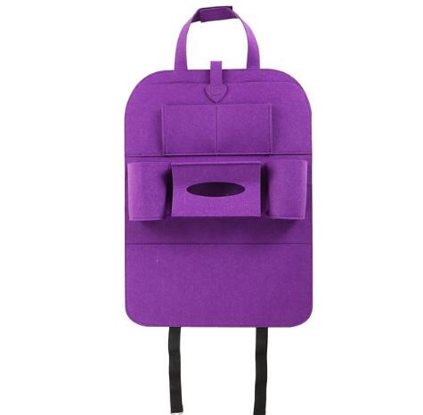 Purple auto seat organizer bag with hanging straps and front organizer compartments