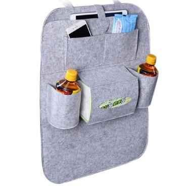 Light gray auto seat organizer bag with bottle holders and front storage pockets