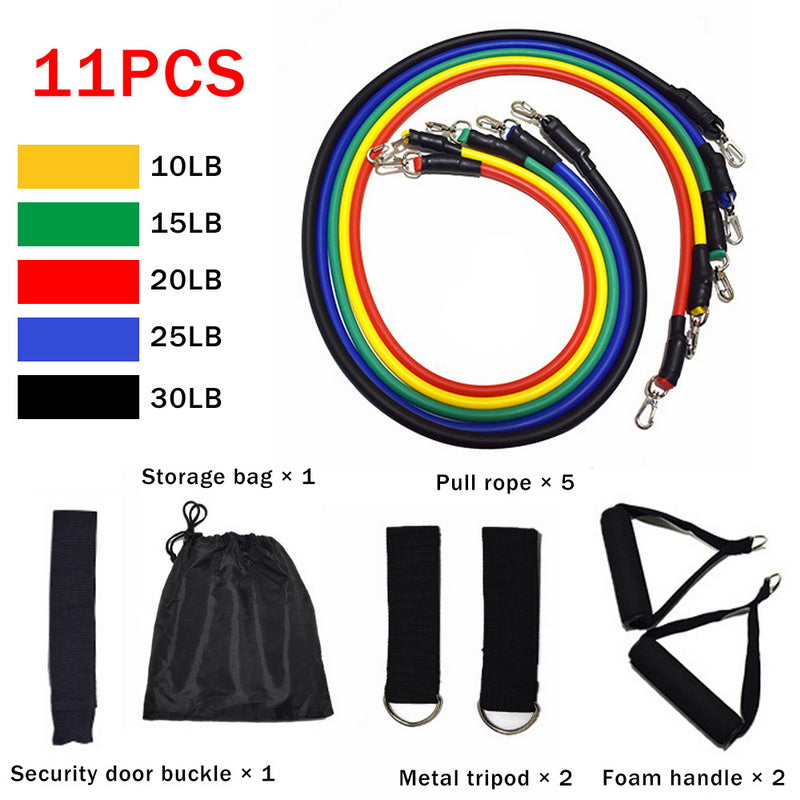 11-piece rainbow resistance rope band set with clips, door buckle, and storage bag