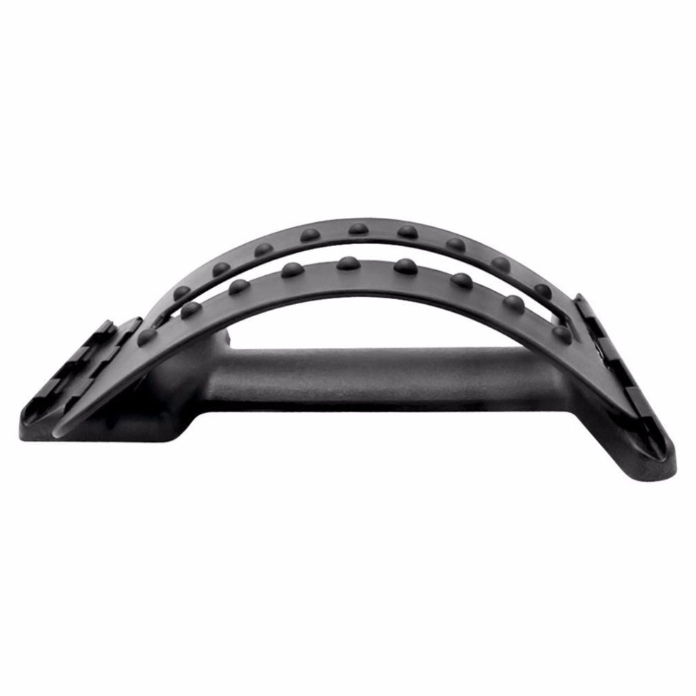 Black lumbar traction brace with curved dotted footplate and central arch
