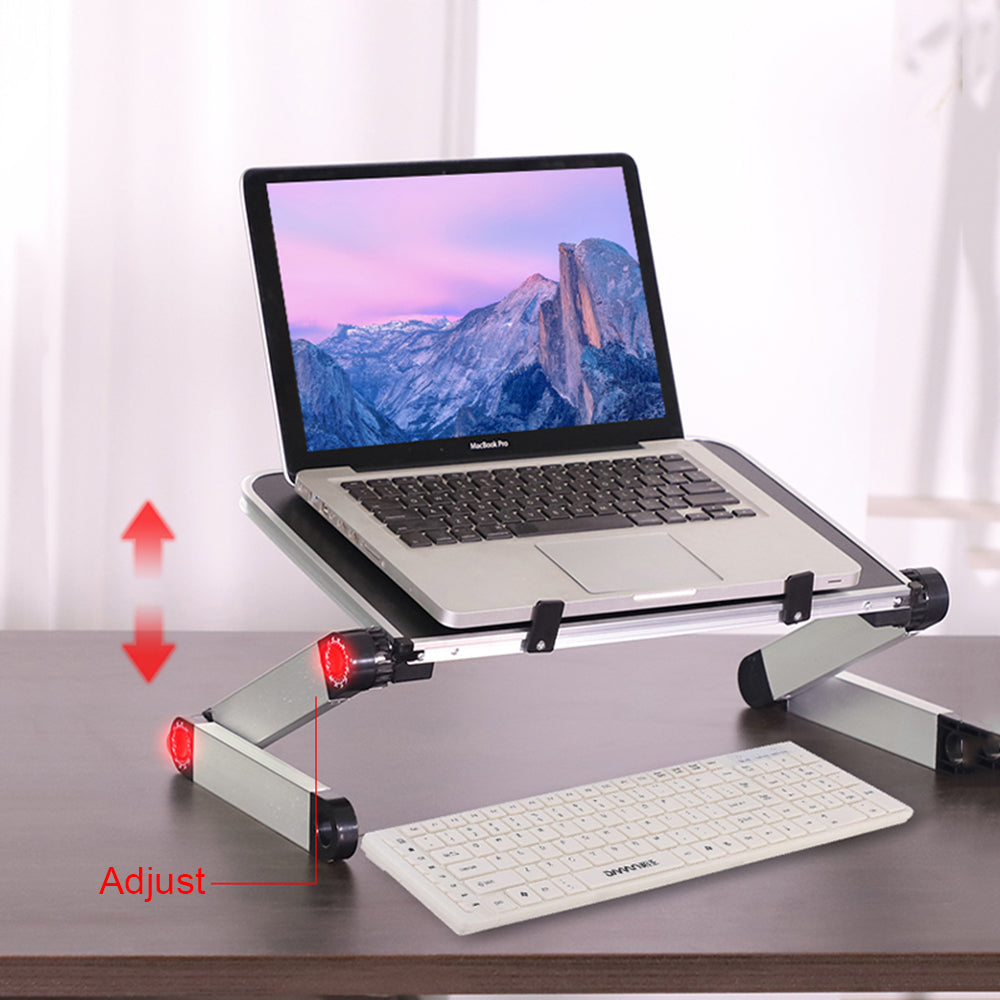 Ergonomic foldable laptop stand with adjustable tilt, white/gray base and support legs