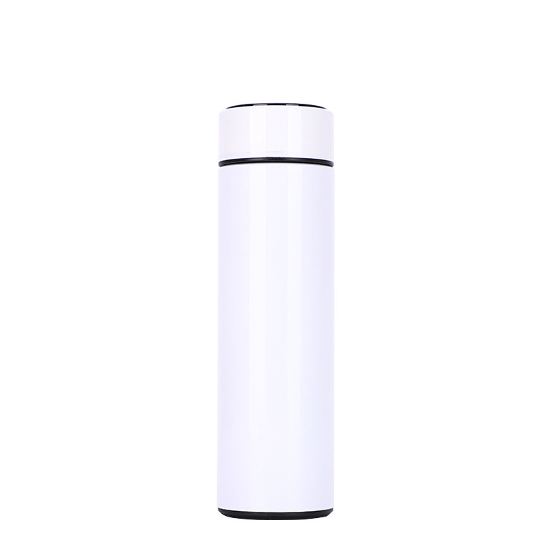 White insulated stainless steel vacuum bottle with dark rim at top