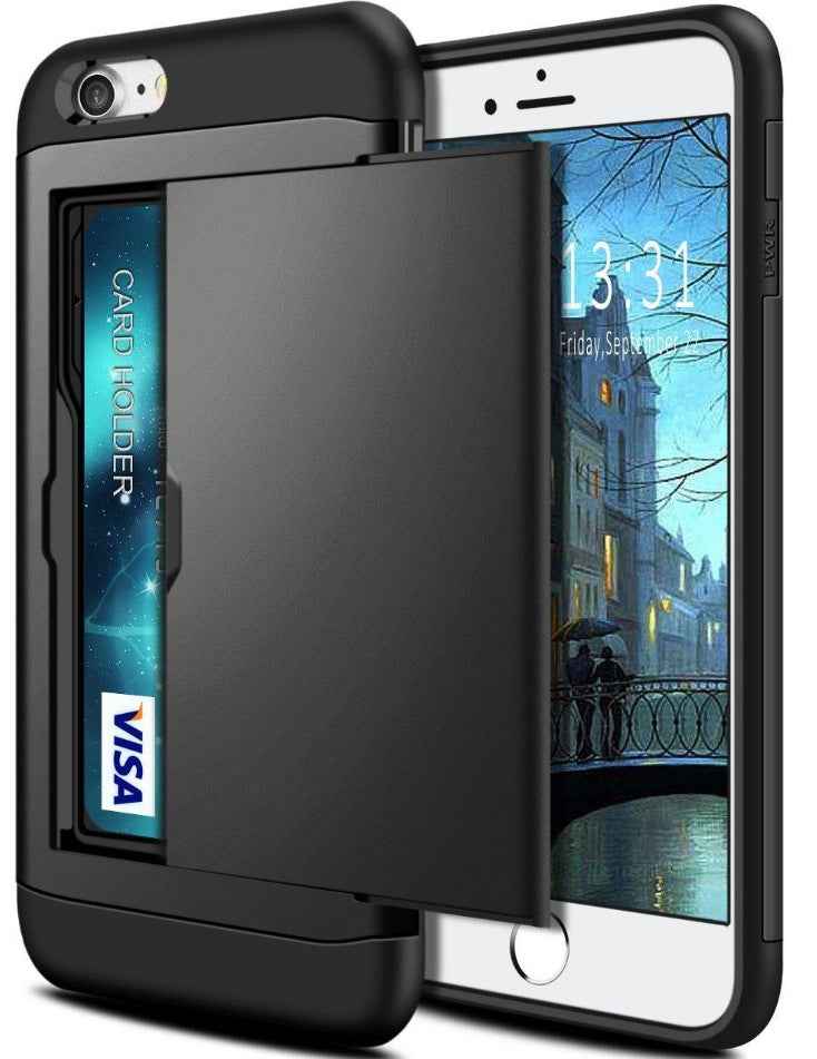 Mobile phone card case in black with card holder panel and flip cover