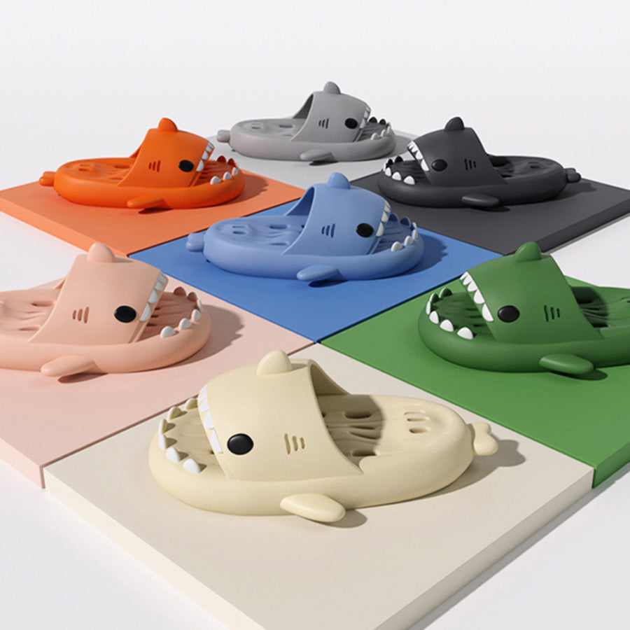 Assorted shark-shaped EVA shower slides with drainage holes, multicolor set