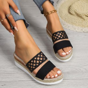 Plus size rope-bottom peep toe platform sandals, black perforated strap with elastic band