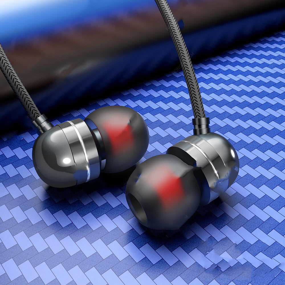 Wire-controlled in-ear headphones, black earbuds with red accents on fabric cable