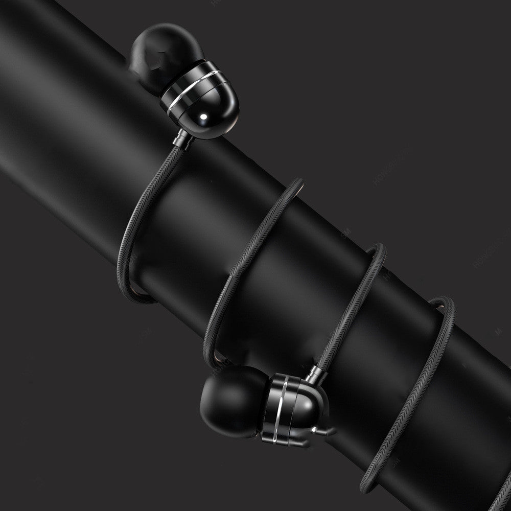 Wire-controlled in-ear headphones with mic, black earbuds with metal rings and cable