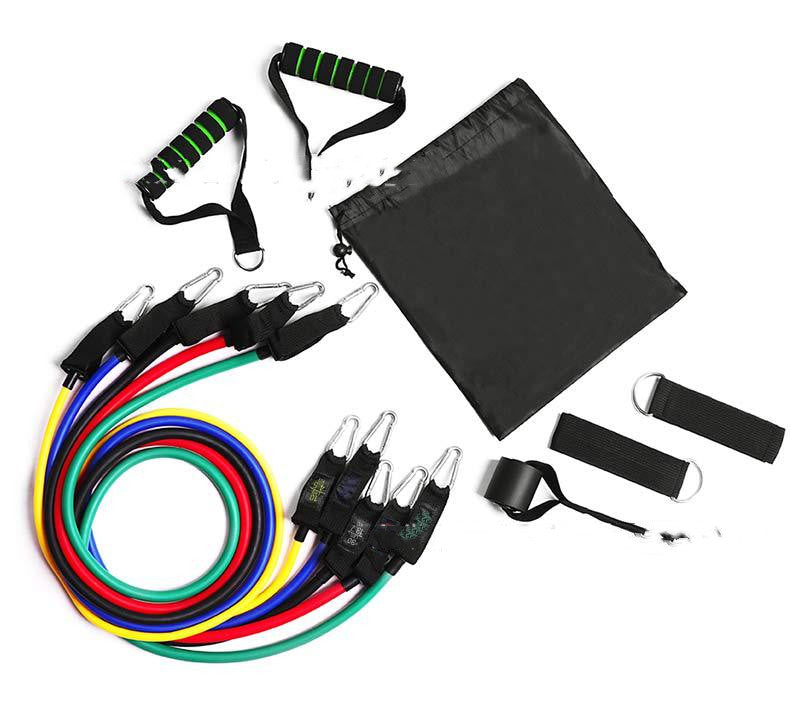Colorful resistance rope bands with carabiner clips, carry pouch, and black ankle strap