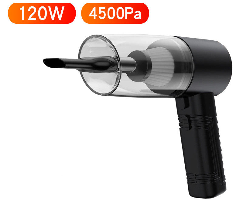 Mini handheld car vacuum cleaner with clear intake and black handle, side view