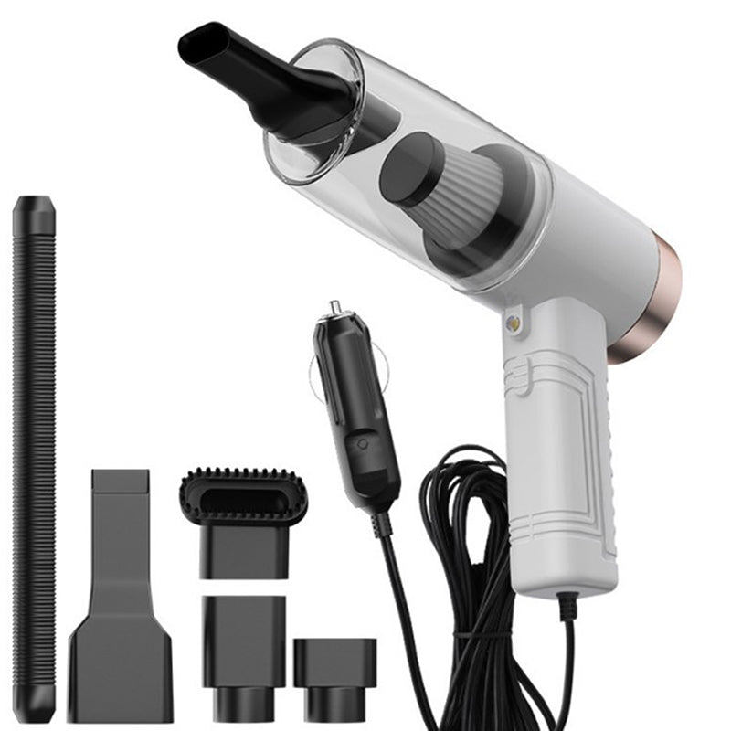 Handheld mini car vacuum cleaner with clear nozzle, white body, and included accessory set