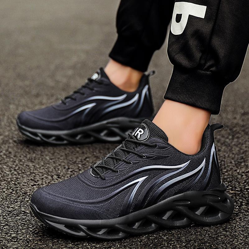 Black front lace running shoes with bold curved side stripes and padded collar