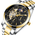 Mechanical wristwatch with black dial, gold bezel, gold-tone crown, silver/gold bracelet