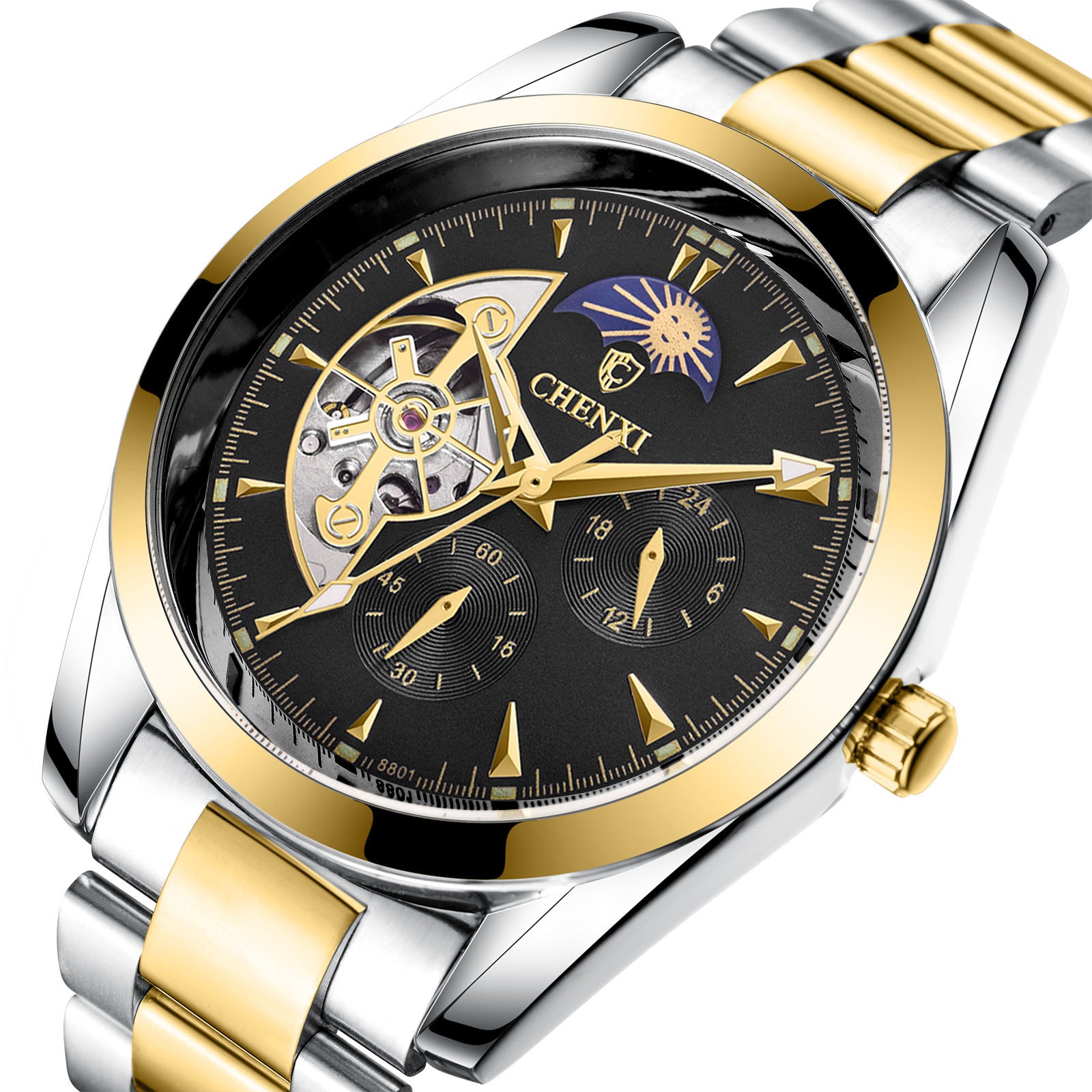Mechanical wristwatch with black dial, gold bezel, gold-tone crown, silver/gold bracelet