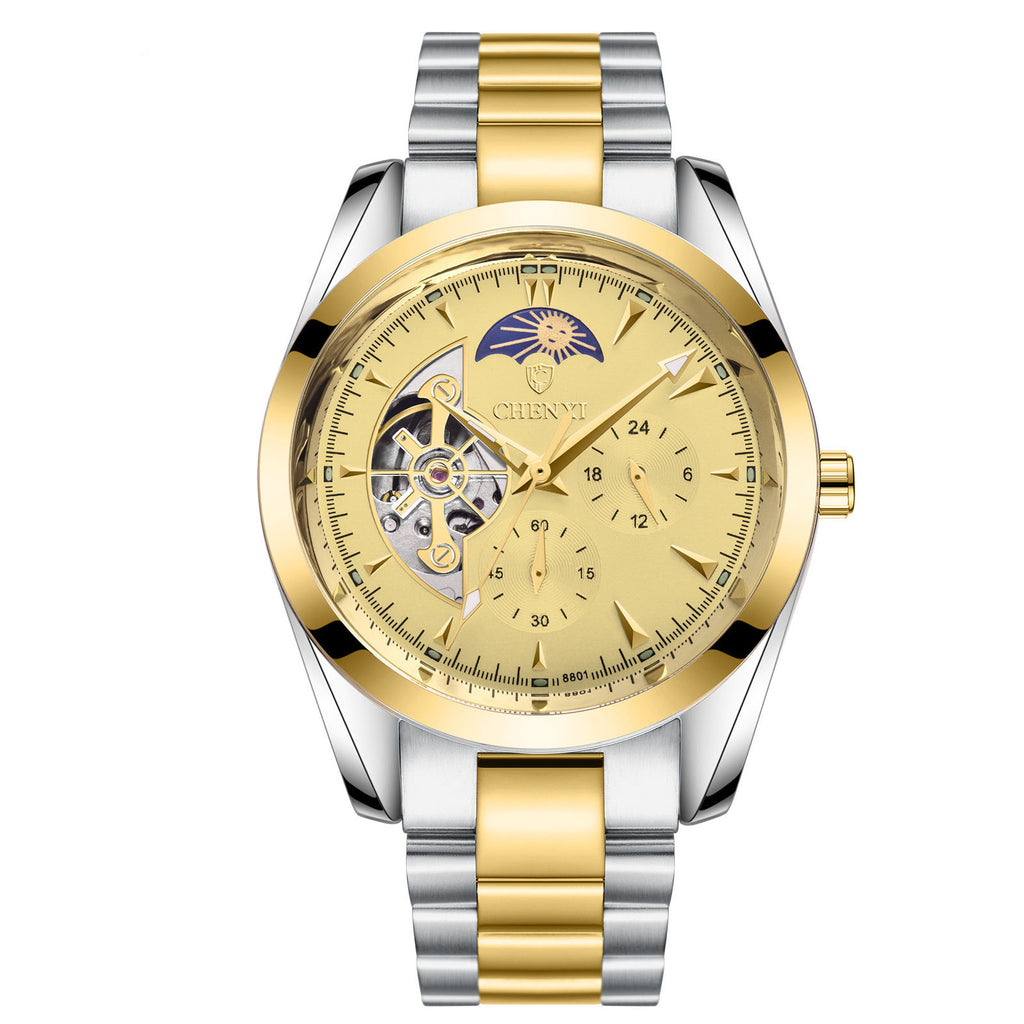 Mechanical wristwatch with white dial, blue accents, gold bezel, silver/gold bracelet