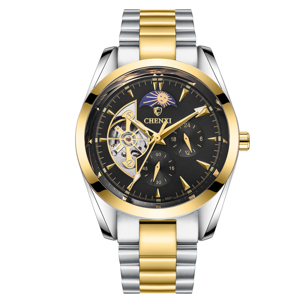Mechanical wristwatch with black dial, gold bezel, blue accents, two-tone metal bracelet