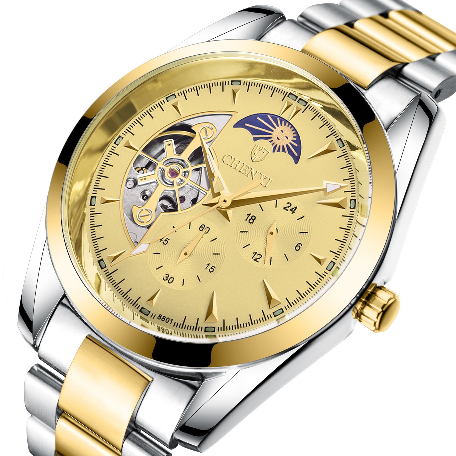 Mechanical wristwatch with gold dial, gold bezel, two-tone metal bracelet