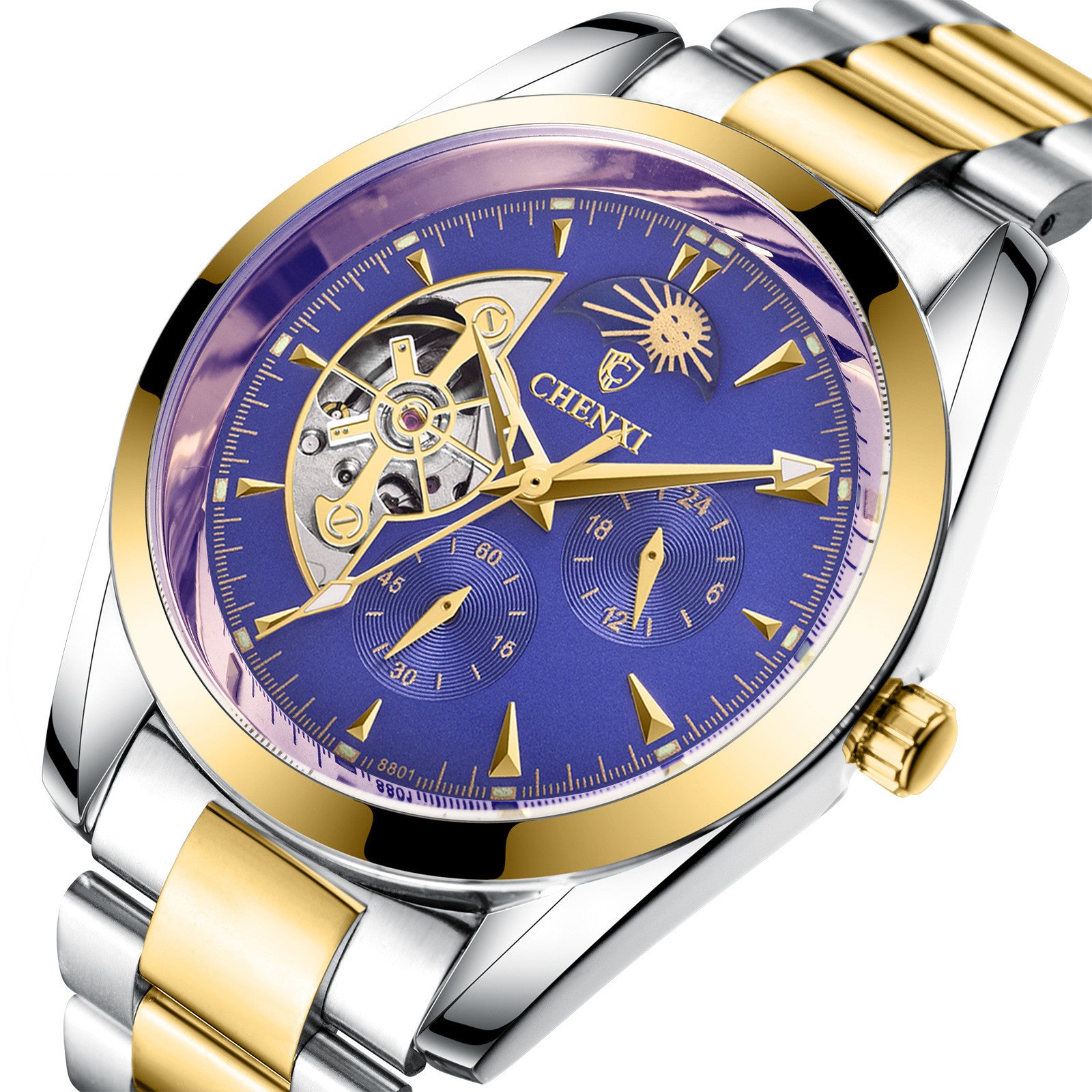 Mechanical wristwatch with blue dial, gold bezel, silver and gold link bracelet