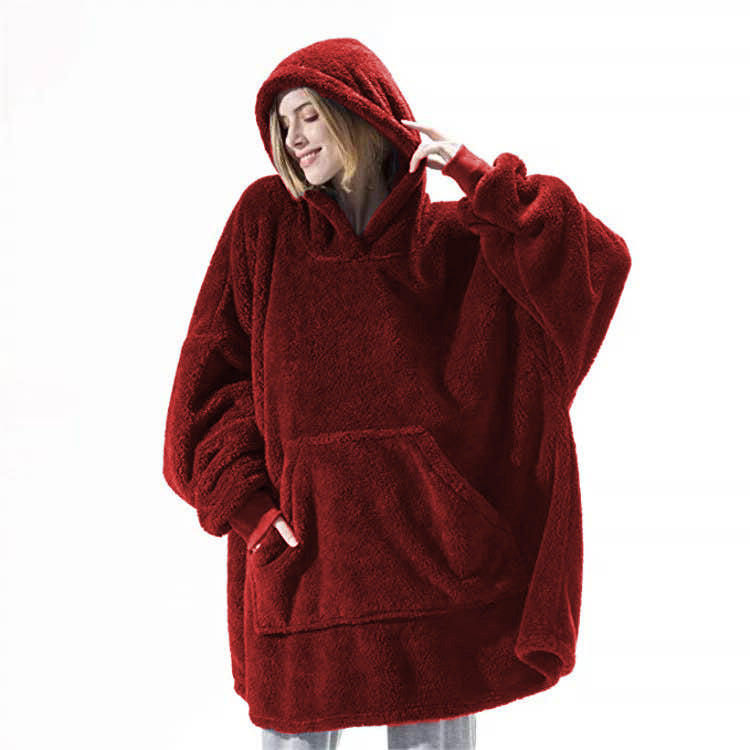 Red fleece hooded pullover sweatshirt with large front kangaroo pocket and hood