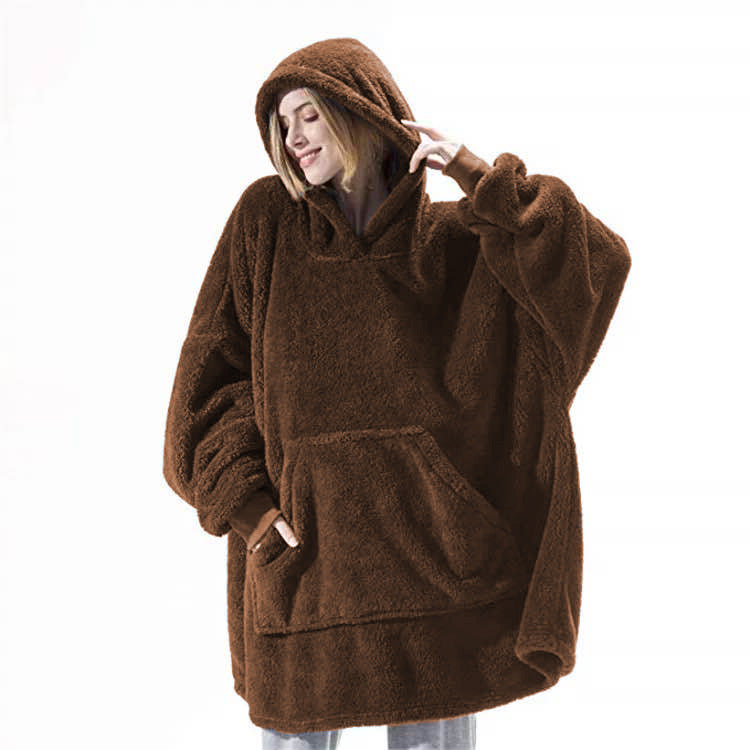 Brown fleece hooded pullover sweatshirt with large kangaroo pocket and thick hood