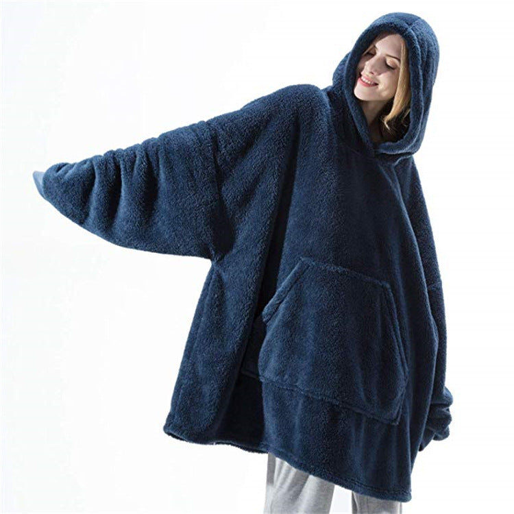 Blue fleece hooded pullover sweatshirt with large front pocket and long sleeves