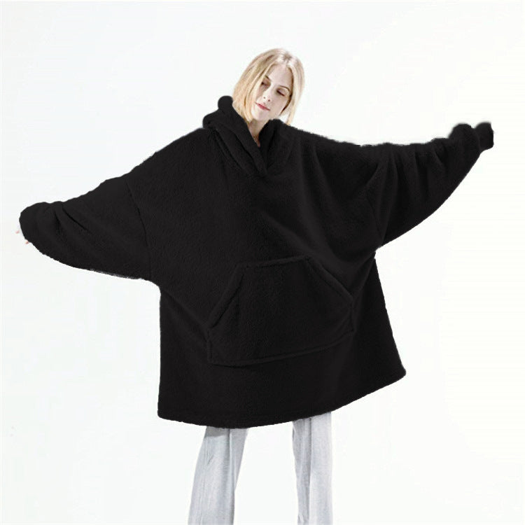 Black fleece hooded pullover sweatshirt with large kangaroo pocket and relaxed fit