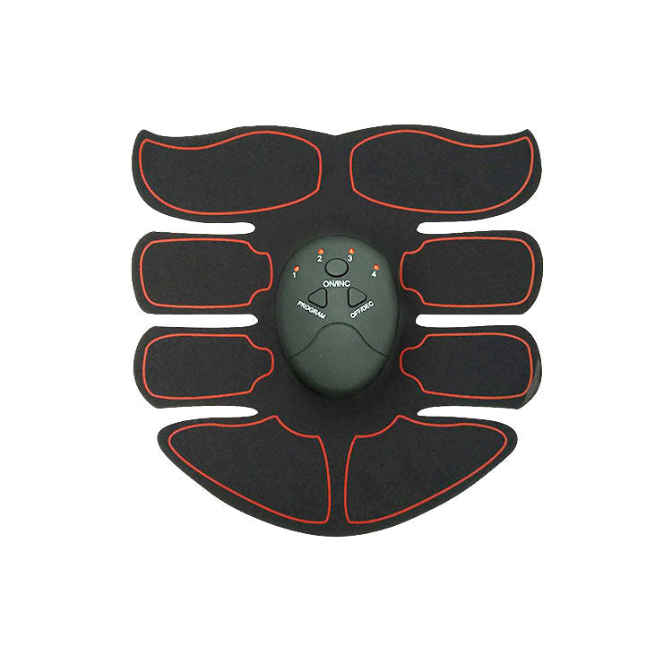 Black EMS abs muscle trainer belt with red-lined electrode pads and center controller