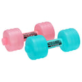 Blue and pink water dumbbells with labeled bar and barrel ends