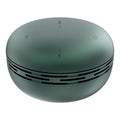 Mini Bluetooth speaker, muted green round design with vented side ring and top control icons