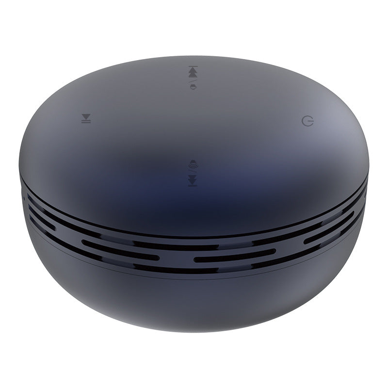 Mini Bluetooth speaker, dark blue round design with vented side ring and top control icons