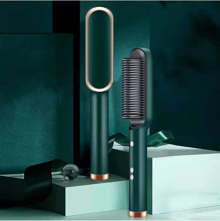 Green hair hot comb brush and gold-edged curling tong on a stand