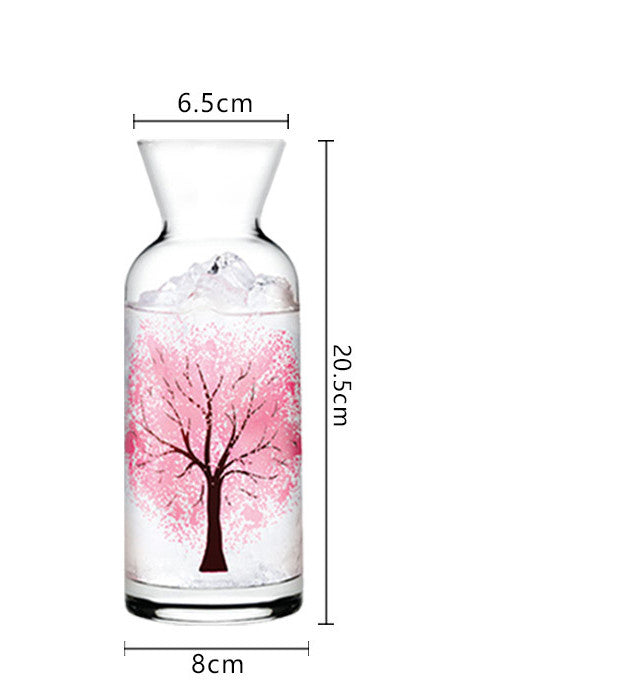 Glass water bottle with pink tree decoration, red rim, 20.5cm height