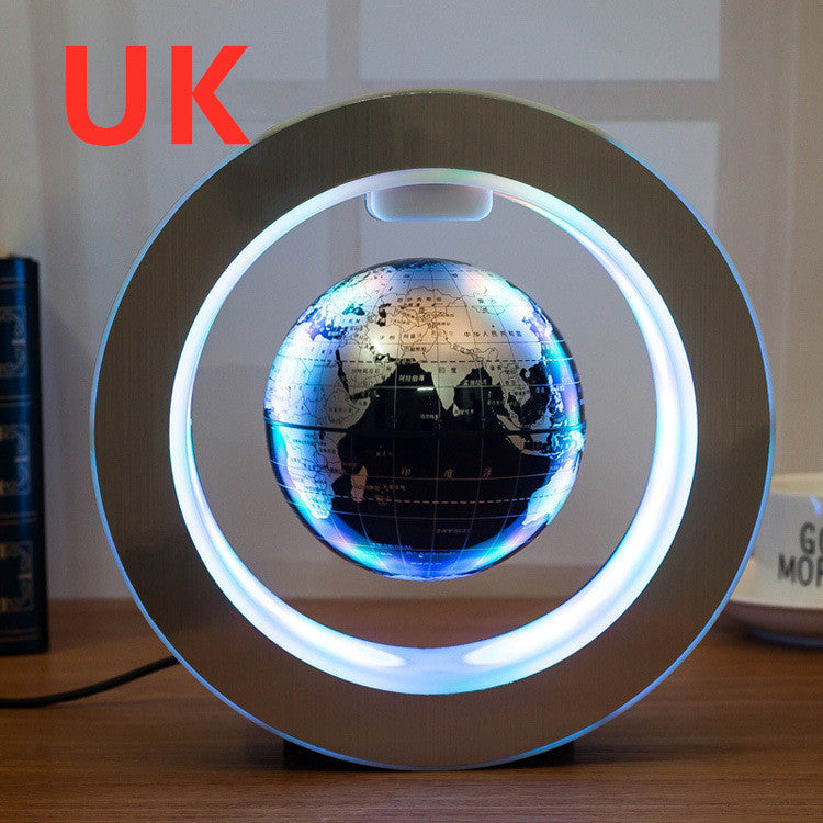 LED floating world map globe on circular base with bright white glowing ring light