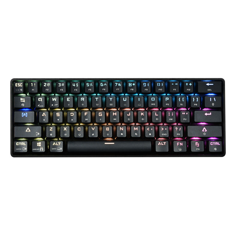 Mechanical keyboard full view with multicolor RGB backlit keys on a black base.