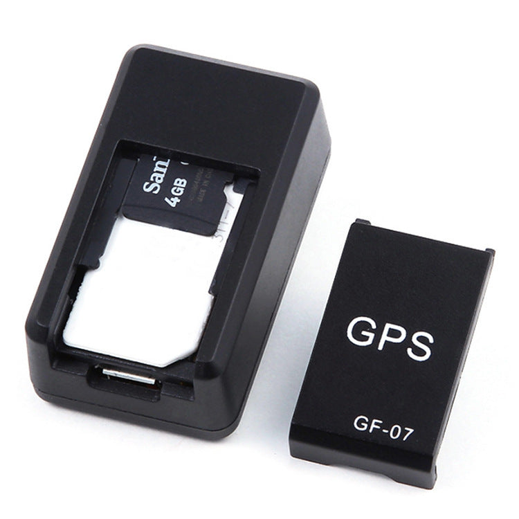 Mini GPS tracker with microSD card installed and matching GPS GF-07 cover