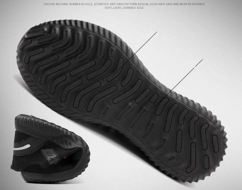 Black safety shoes with textured tread outsole and protective rubber sidewall