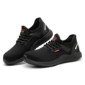 Two black breathable safety shoes with lace-up uppers and grippy rubber soles