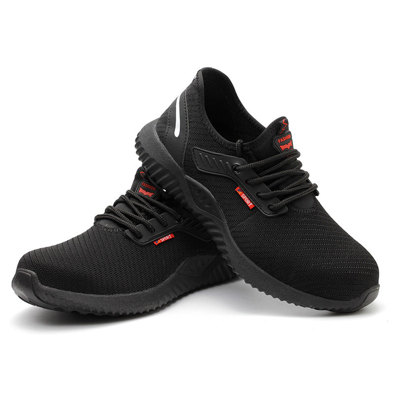 Pair of black breathable safety shoes with lace closure and white side stripe
