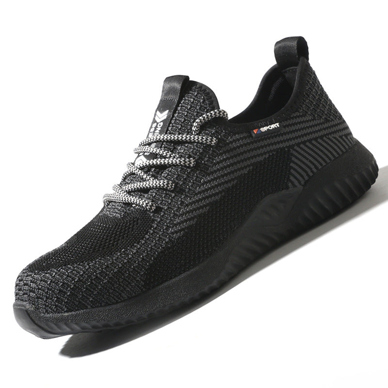 Black knit-style safety shoe with lace-up upper and textured tread sole