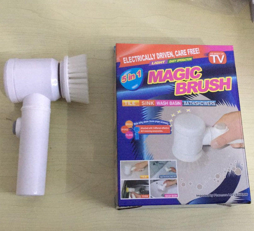 Electric scrub brush kit with white handle and multiple heads, boxed set