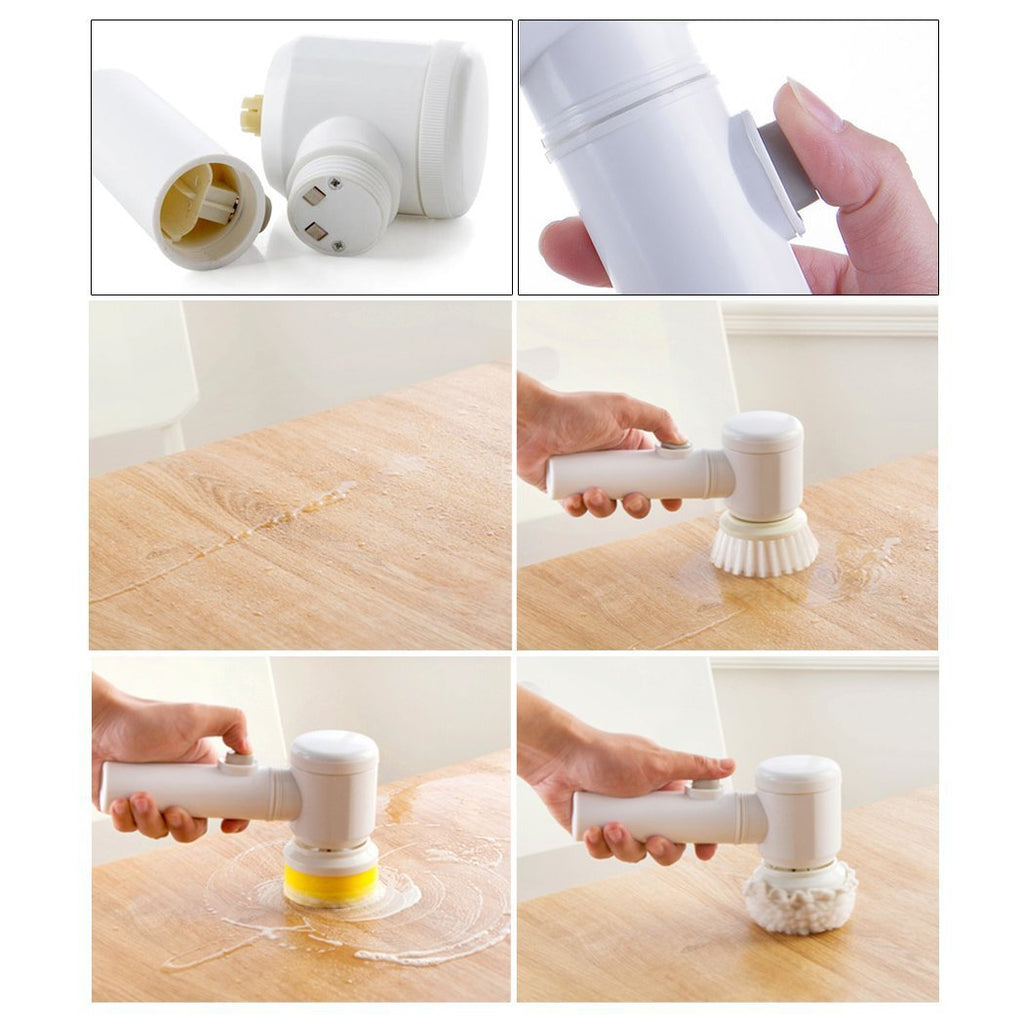 Electric scrub brush handle with interchangeable white brush heads for cleaning