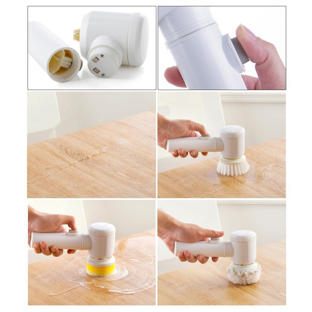 Electric scrub brush handle with interchangeable white brush heads for cleaning