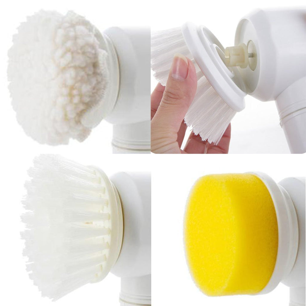 Electric scrub brush heads: white bristle brushes and yellow sponge pad