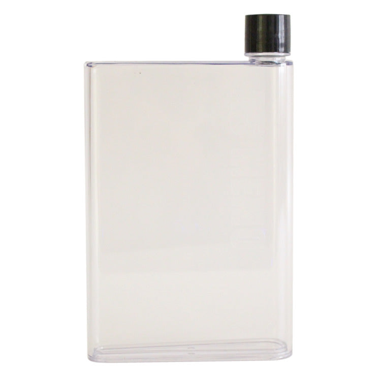 Plastic flat water bottle cup, clear white with dark screw cap
