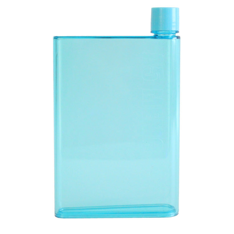 Plastic flat water bottle cup, light blue with matching blue screw cap