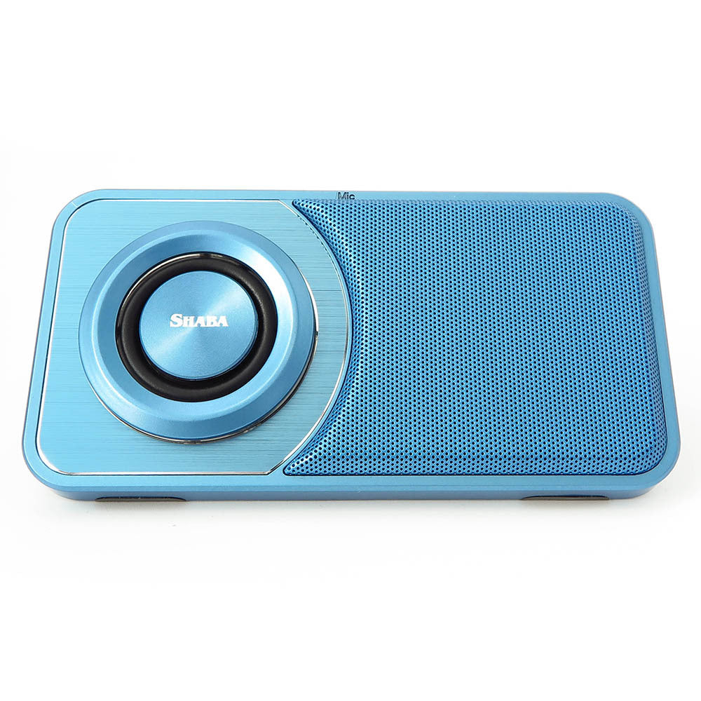 Mini portable Bluetooth speaker, blue with round woofer ring and perforated mesh grille