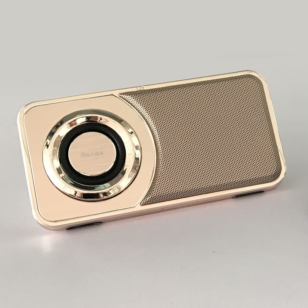 Mini portable Bluetooth speaker, beige with gold-ring woofer and mesh grille