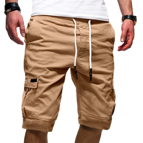 Khaki cargo shorts with drawstring waist and side utility pockets