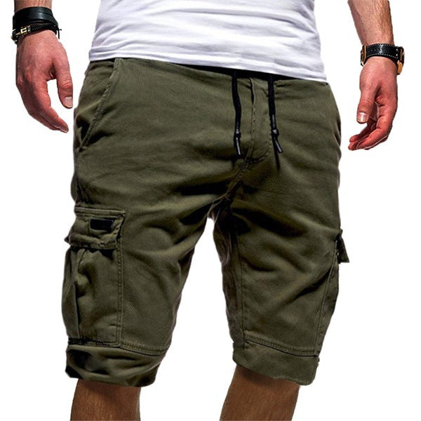 Olive green cargo shorts with drawstring waist and front pocket flaps