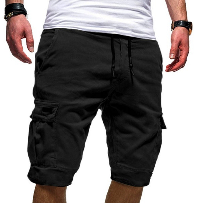 Black cargo shorts with drawstring waist and side utility pockets