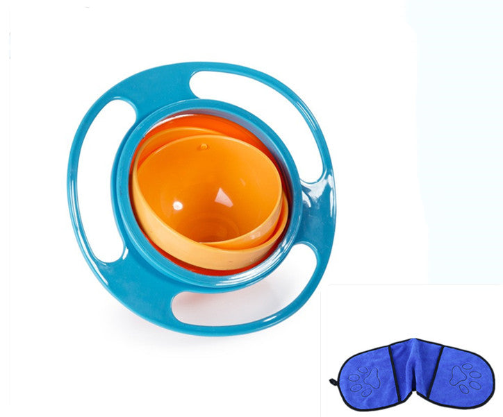 Blue spill-proof bowl dish with orange inner cup and outer ring handle, round design